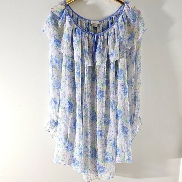 Vintage Y2K Floral Sheer Blouse with Ruffle Detail Long Sleeve. Sz Large - Picture 1 of 9